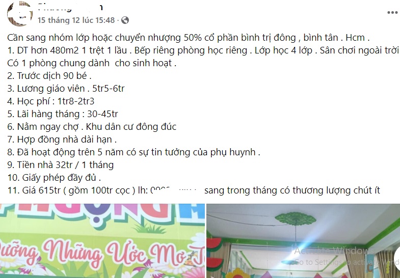 Không chỉ Hà Nôi, tại TP.HCM nhiều chủ nhóm mầm non cũng cần tìm người sang nhượng gấp