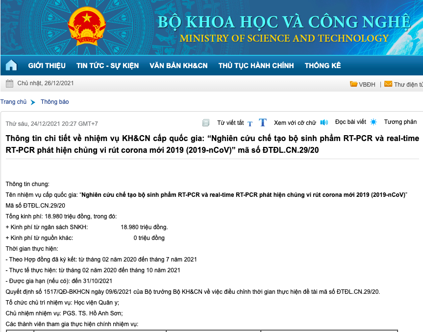 Thông tin chi tiết được đăng tải trên website bộ KHCN.