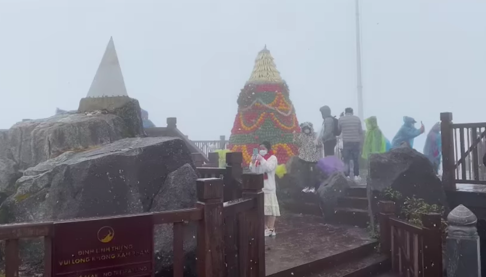 Nhiều du khách thăm đỉnh núi Fansipan - Sa Pa bất ngờ tận mắt được chiêm ngưỡng cảnh mưa tuyết xuất hiện trên nóc nhà Việt Nam - Ảnh: MXH