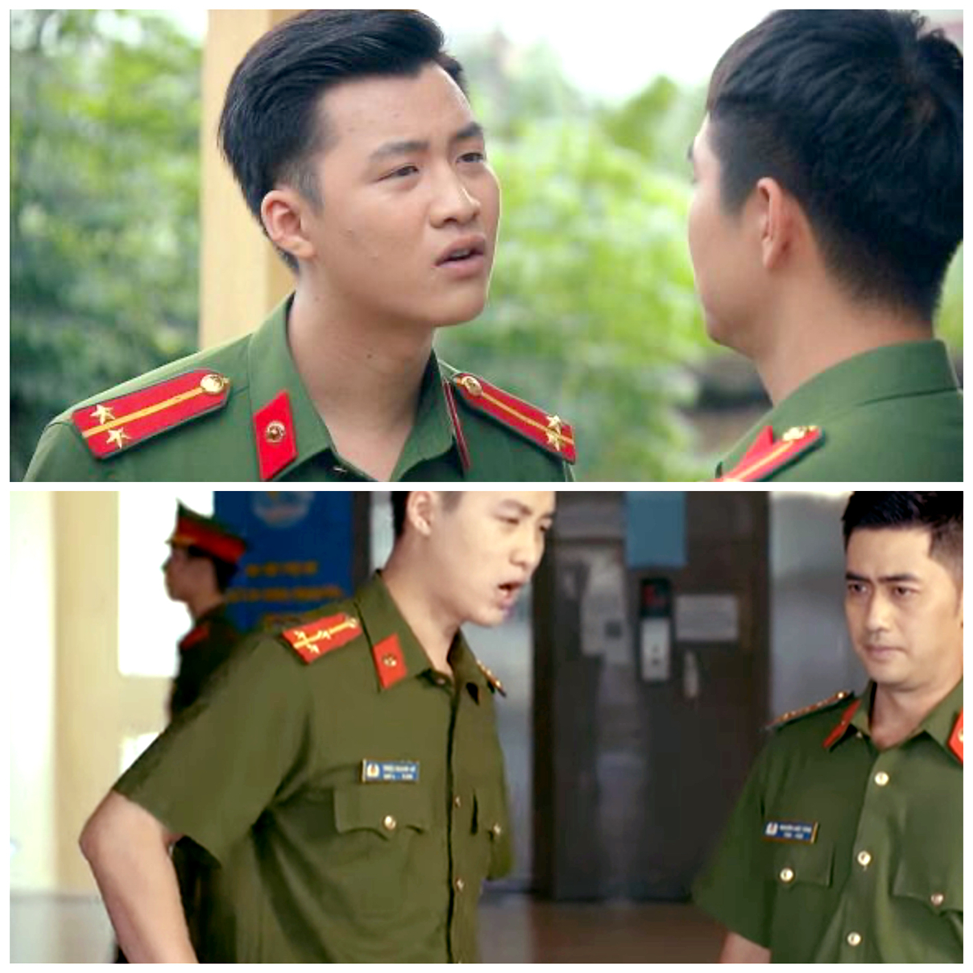 Hiện nay, mỗi tối khán giả đều thấy diễn viên Duy Khánh với tạo hình chiến sĩ công an trong hai phim phát liền kề là Phố trong làng (trên) và Mặt nạ gương (dưới)