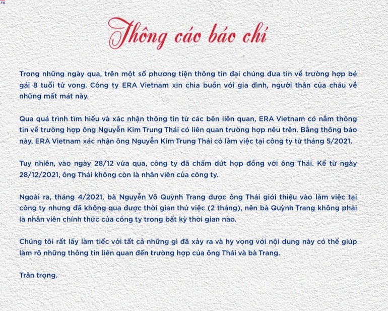 Thông báo của công ty ERA Vietnam chấm dứt hợp đồng với ông Nguyễn Trung Kim Thái từ ngày 28/12 (Ảnh chụp lại màn hình).