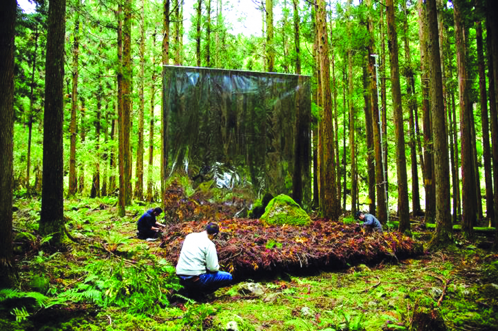 Các nghệ sĩ thiết lập một tác phẩm nghệ thuật giữa khu rừng trong khuôn khổ phòng triển lãm Wind Trail