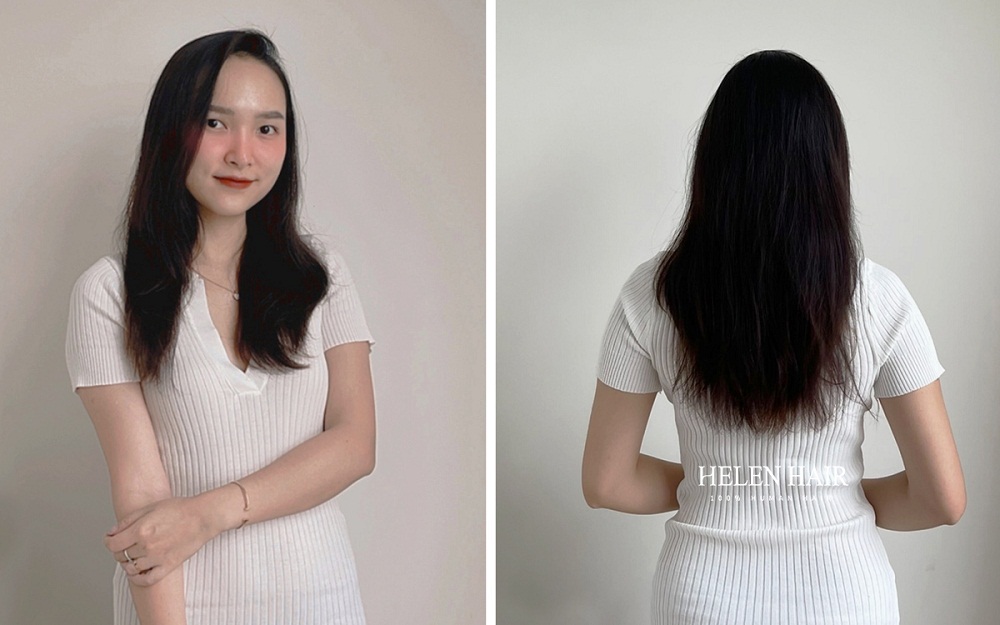 Mái tóc bồng bềnh như sao Hollywood của mẫu ảnh Bùi Minh Anh, chỉ với vài phút cùng Helen Hair mà không cần dành hàng giờ đồng hồ tại salon tóc hay quy trình chăm sóc tóc phức tạp sau nối - Ảnh: Helen Hair