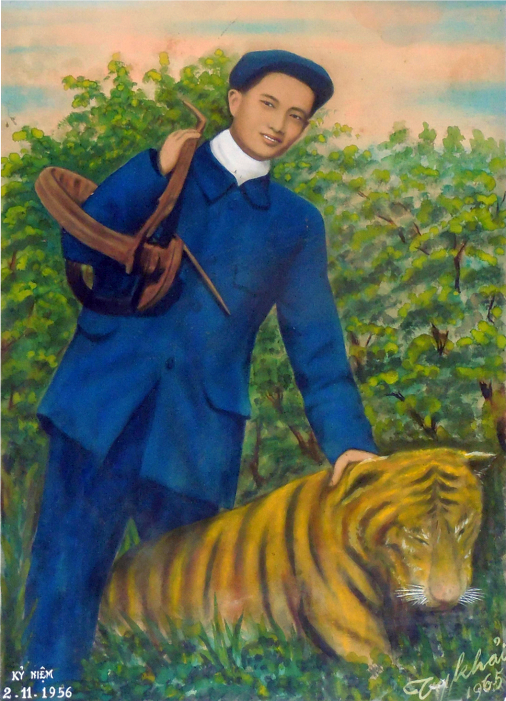 Bức tranh vẽ cảnh đội trưởng đội chống hổ Trần Kim Liêu đi bẫy hổ - ẢNH: NHÂN VẬT CUNG CẤP