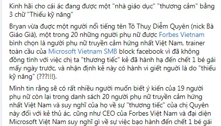 Sau khi bị chỉ trích dữ dội, tài khoản này đã block rất nhiều người không cùng quan điểm và...thay luôn nick mới cho trang cá nhân, xóa bài đăng gây sóng gió trước đó.