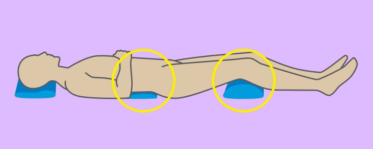 Bạn cũng có thể đặt gối dưới chân của bạn.  Nếu bạn thích nằm ngửa khi ngủ, bạn cũng có thể sử dụng gối hoặc đệm để hỗ trợ cột sống khi ngủ. Điều này cũng sẽ giúp giảm đau lưng. Ngay cả khi bạn bị đau ở cả hai bên, tư thế này có thể tốt hơn để ngủ so với nằm nghiêng, vì nó giữ cho lưng của bạn ở tư thế trung tính.  Bạn cũng có thể sử dụng một chiếc khăn hoặc một tấm đệm nhỏ khác để nâng đỡ phần eo của mình để cơ thể được thẳng hàng, phân bổ trọng lượng đồng đều và ngăn bạn di chuyển hoặc lăn lộn trên giường khi đang ngủ, vì đôi khi, có những tư thế sai lúc ngủ sẽ khiến chúng ta đau người vào sáng hôm sau.