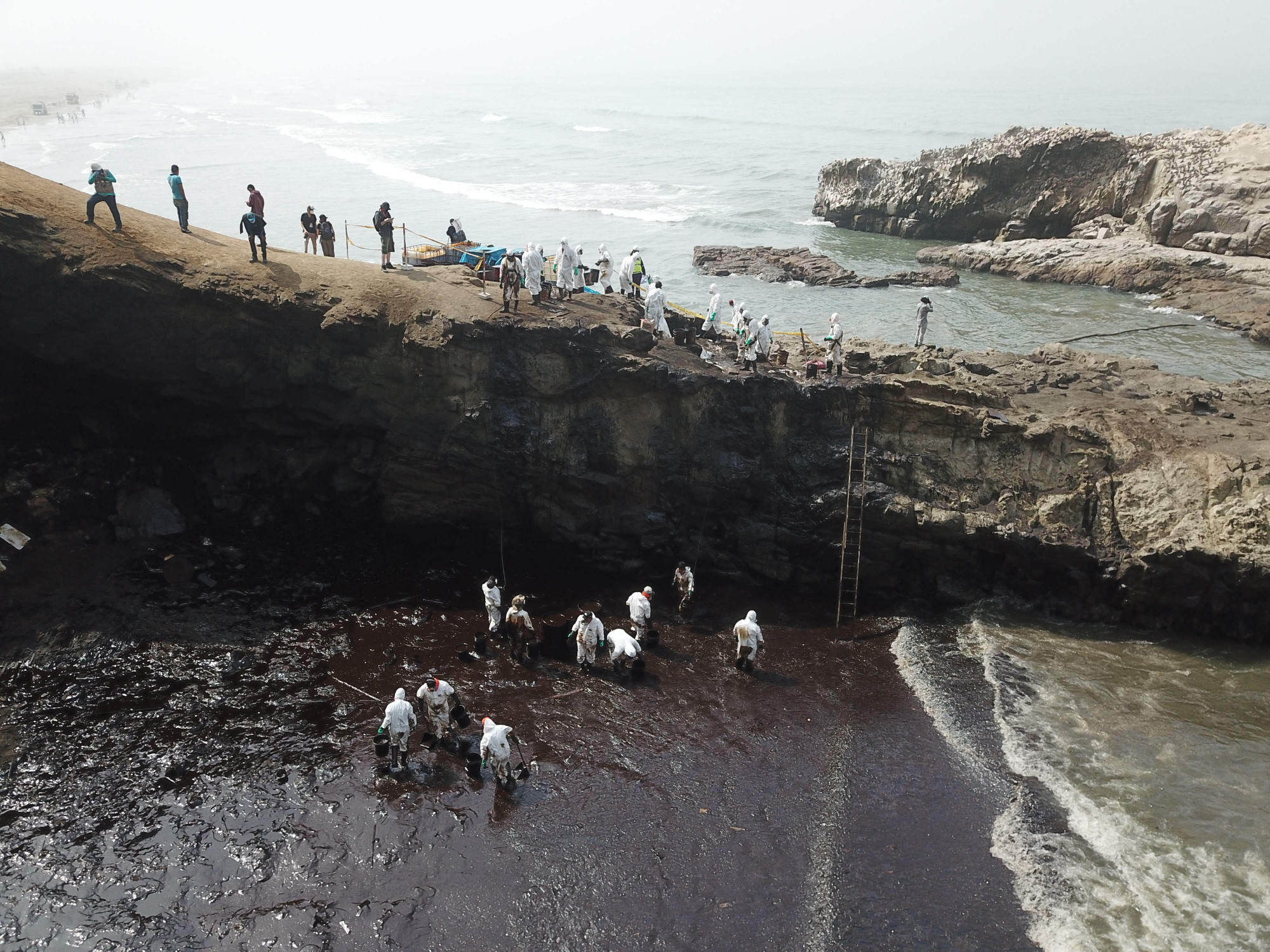 Các đội dọn dẹp tích cực xử lỳ sự cố tràn dầu tại Peru.