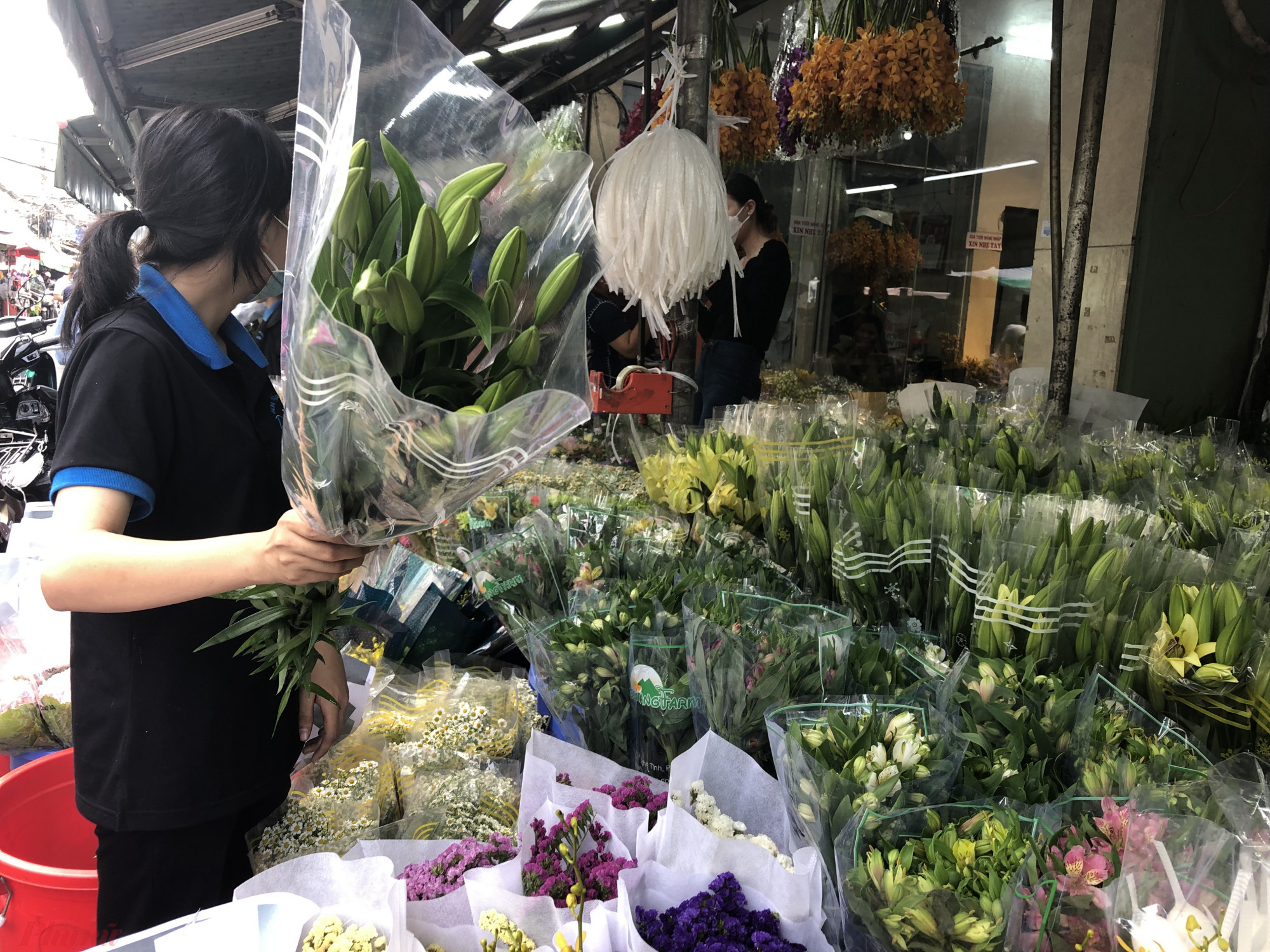 Hoa ly nhỏ tăng từ 75.000 đồng lên 90.000 đồng/bó. Năm nay chợ ít hoa ly loại lớn, màu sắc cũng không phong phú. 
