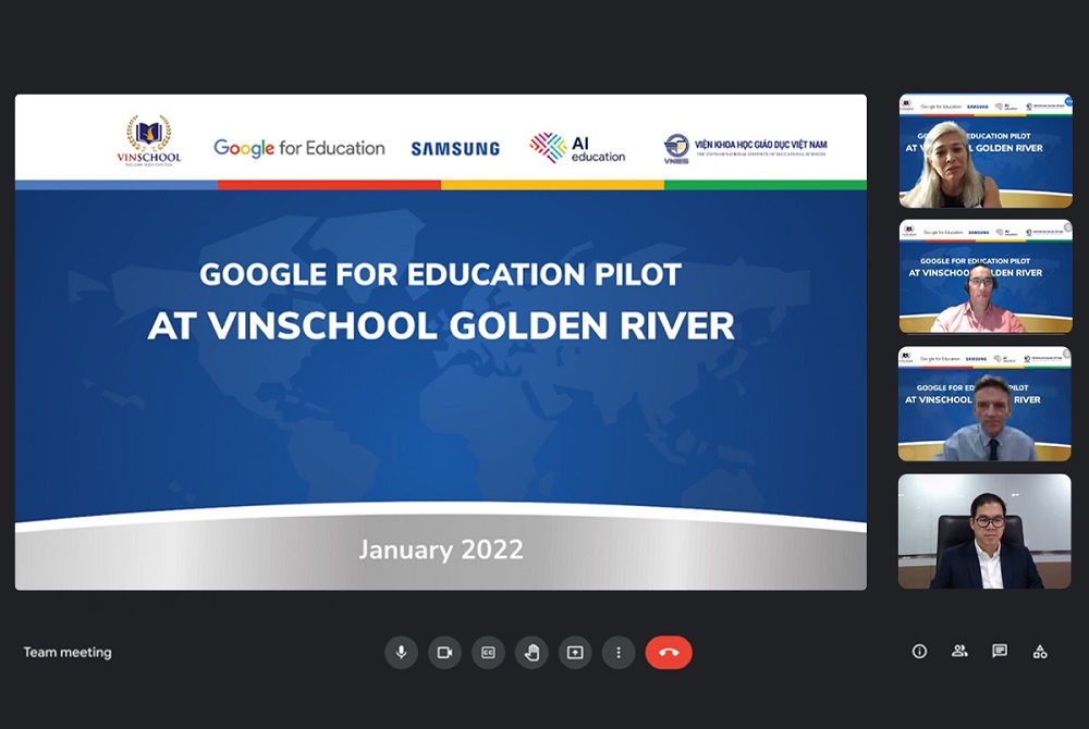 Ban lãnh đạo Hệ thống Giáo dục Vinschool cùng đại diện đến từ Google và Samsung trong cuộc họp triển khai chương trình - Ảnh: Vinschool