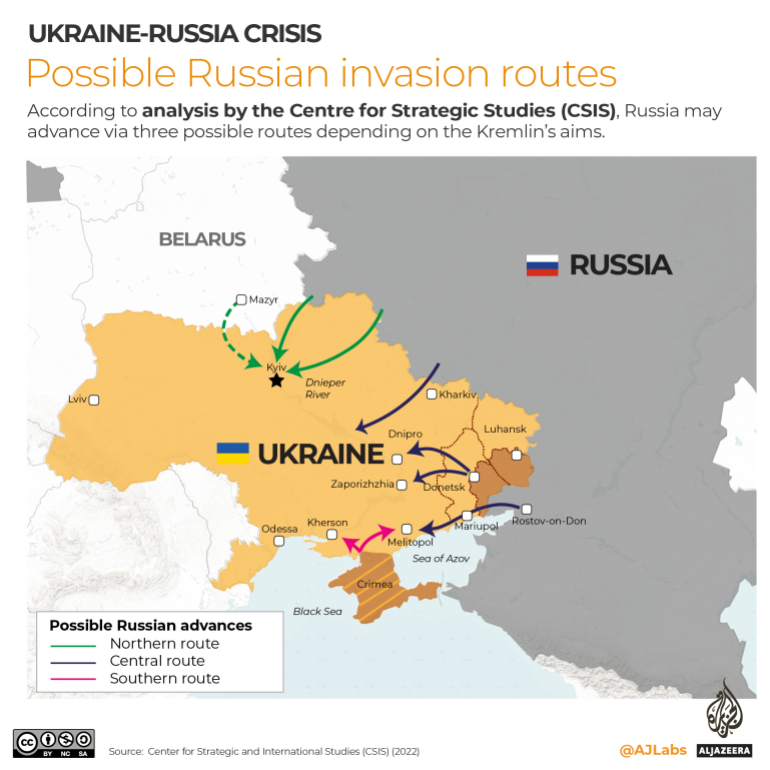 Sơ đồ các hướng tấn công có thể diễn ra từ Nga vào Ukraine