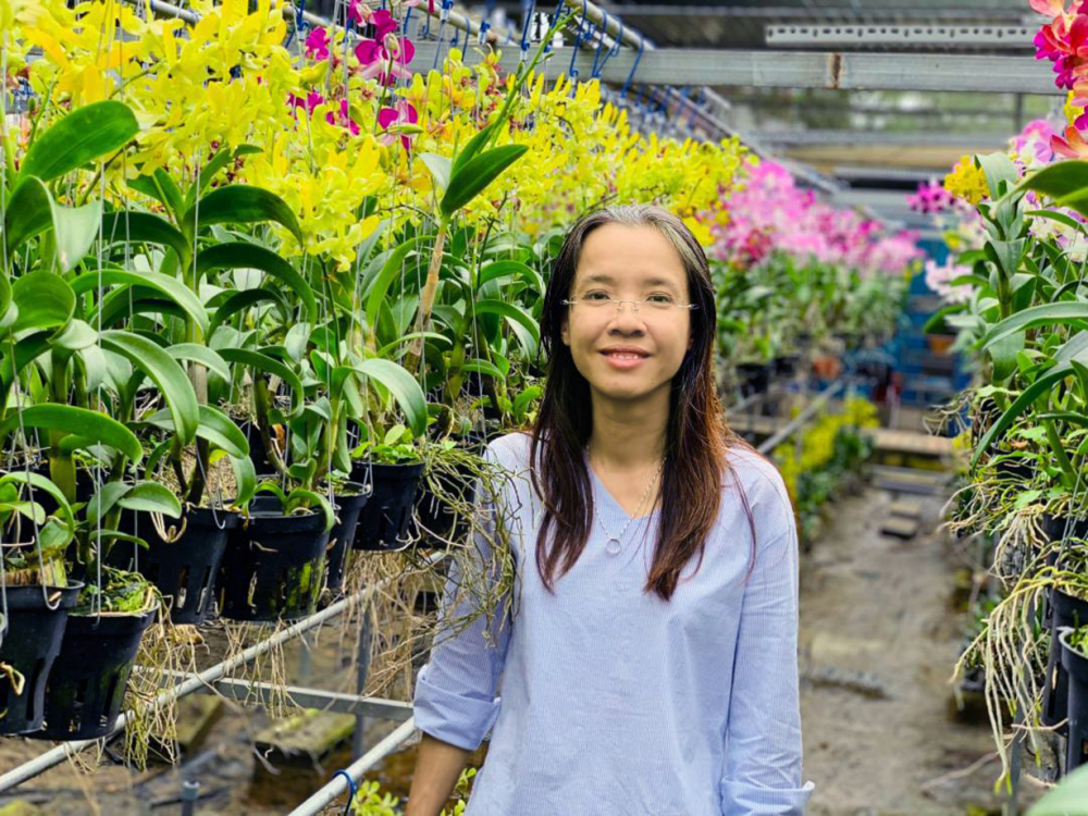 Chị Liêu Thị Kim Phượng tại khu vườn nhân giống và trồng thành phẩm các loại cây mô lan của mình 