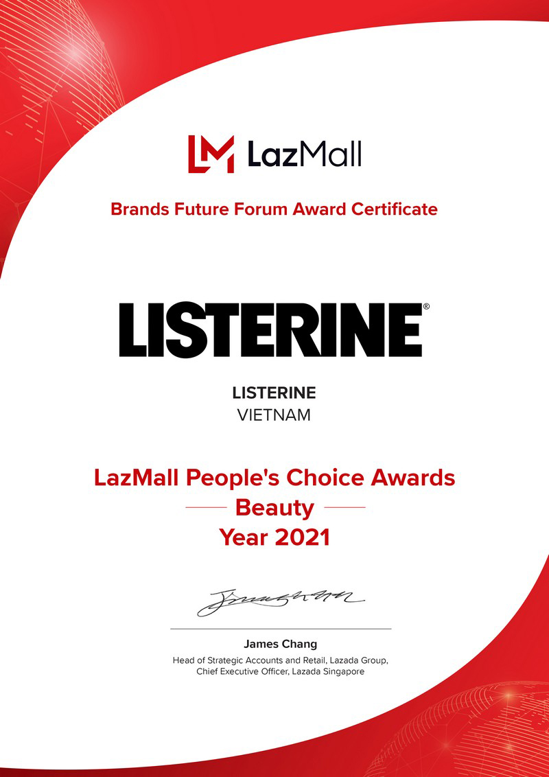 Listerine đạt giải thưởng People’s Choice Award trong hạng mục Sức khỏe & Sắc đẹp trên Lazada vừa qua