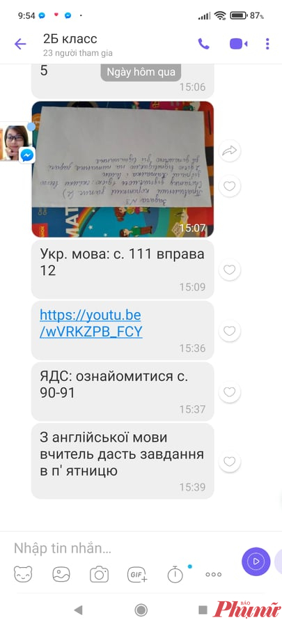 Nội dung học của con chị L được giáo viên Ukraine gửi qua zalo