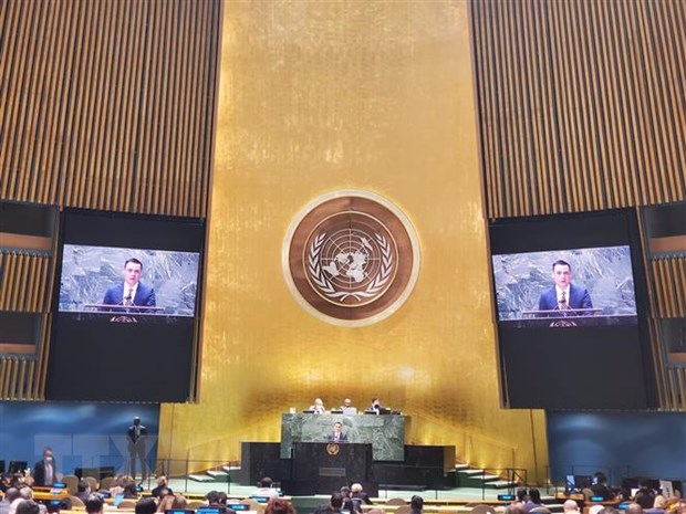 Đại sứ Đặng Hoàng Giang phát biểu tại một phiên họp của Đại Hội đồng Liên hợp quốc về tình hình Ukraine. (Ảnh: Khắc Hiếu/TTXVN)