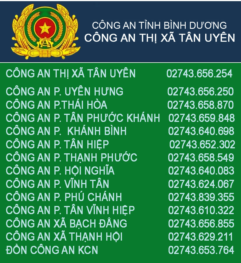 Công an thị xã Tân Uyên công khai số điện thoại các phường xã trên địa bàn