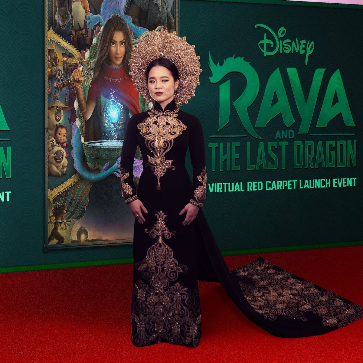 Kelly Marie Trần cũng từng diện áo dài của NTK Thái Nguyễn khi ra mắt phim Raya and the last dragon