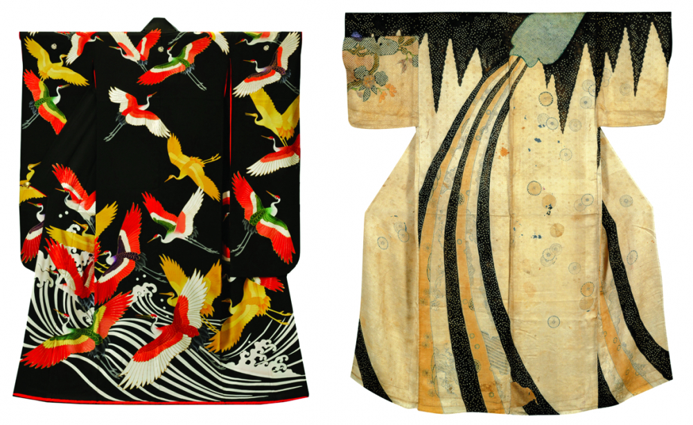 Một thiết kế Furisode - kiểu kimono có ống tay áo rộng đặc trưng thường được các thiếu nữ mặc trong nghi lễ, với họa tiết sóng biển và chim hạc, năm 1938 (trái) và thiết kế Kosode - phong cách kimono cổ điển, ống tay ngắn và cổ áo rộng hơn, với hình ảnh chiếc bình nước trút ngược trên nền lụa satin, khoảng cuối thế kỷ XVII -  Ảnh: Worcester Art Museum