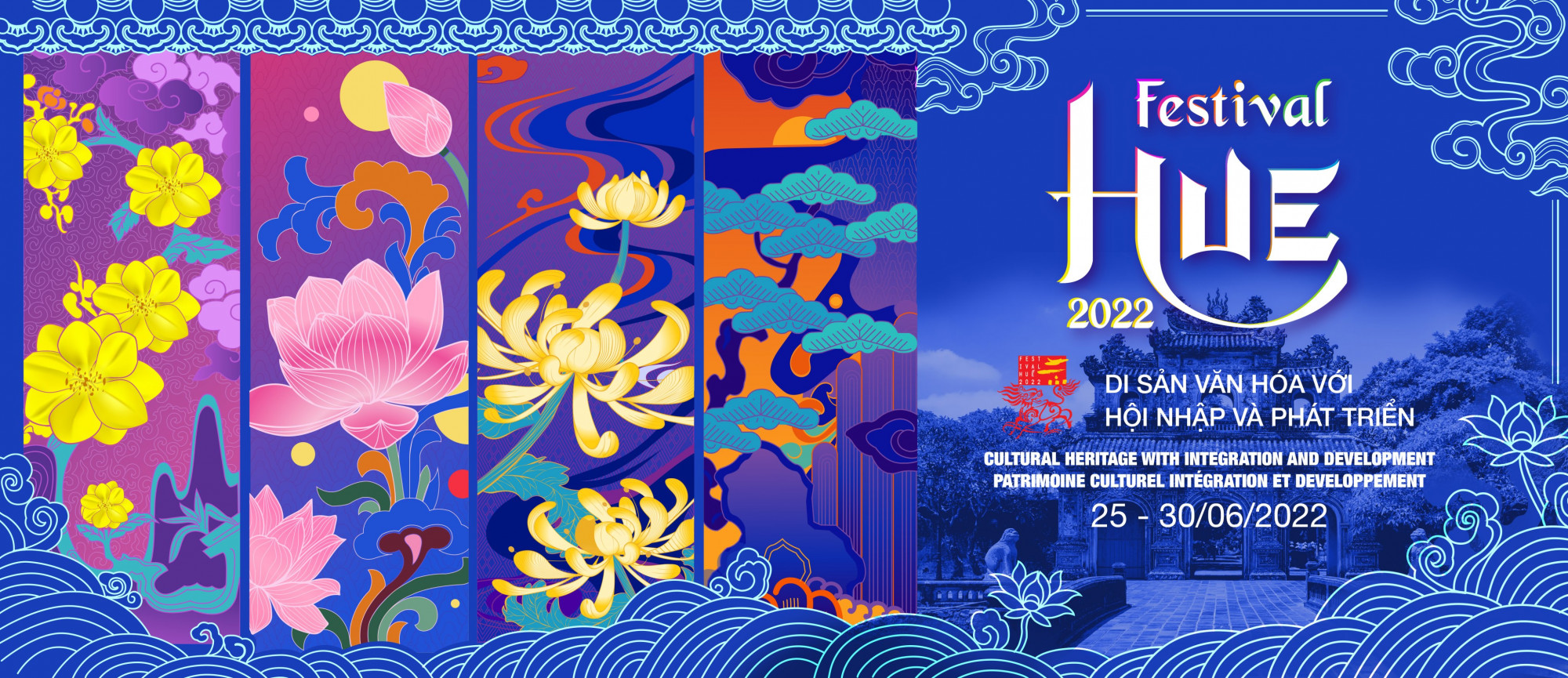  Bộ nhận diện Festival Huế 2022 với 4 hình ảnh chru đạo gồm Mai - Sen - Cúc - Tùng 
