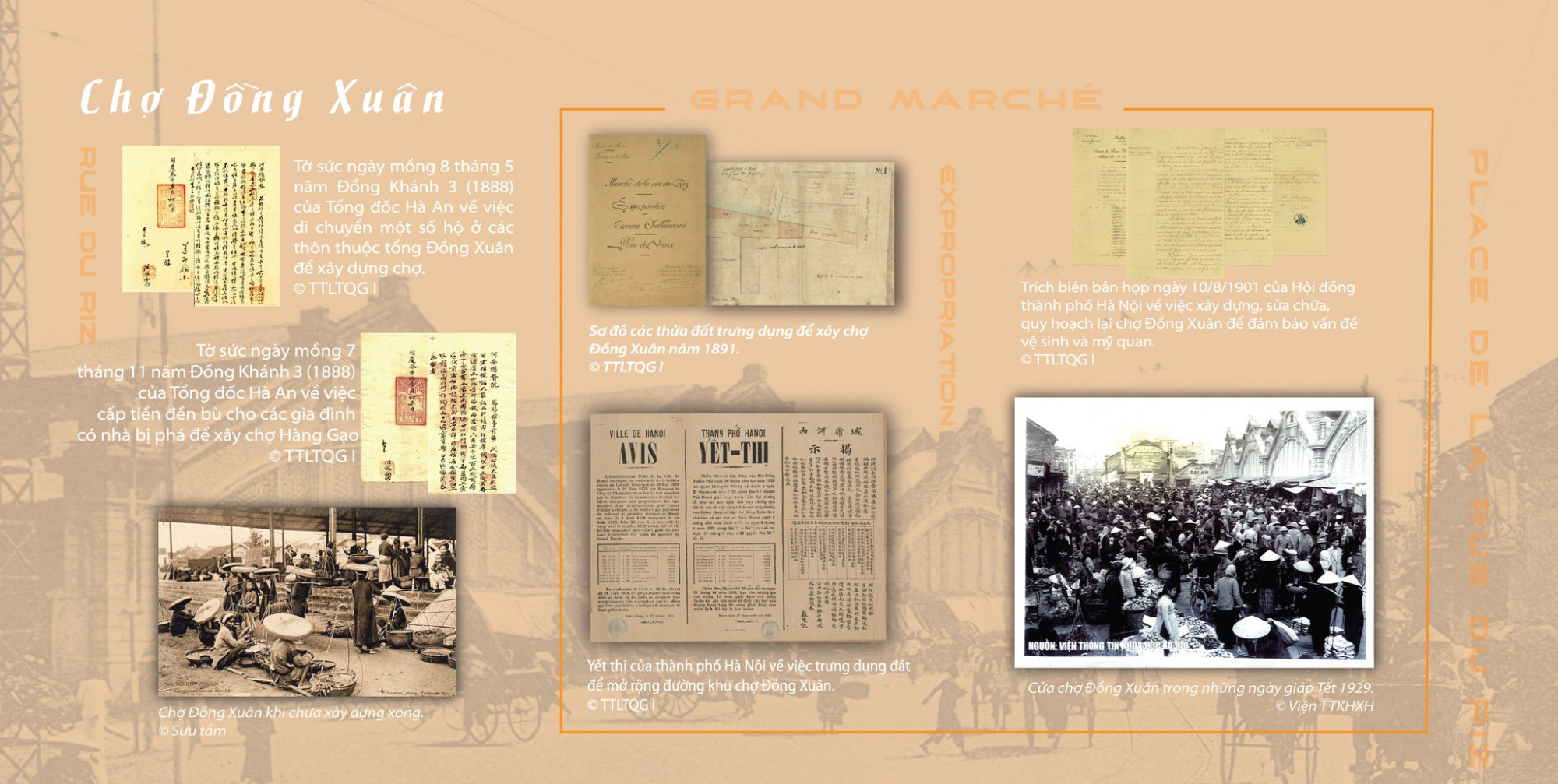 Bảng thông tin về chợ Đồng Xuân bao gồm tờ sức, sơ đồ, yết thị, biên bản