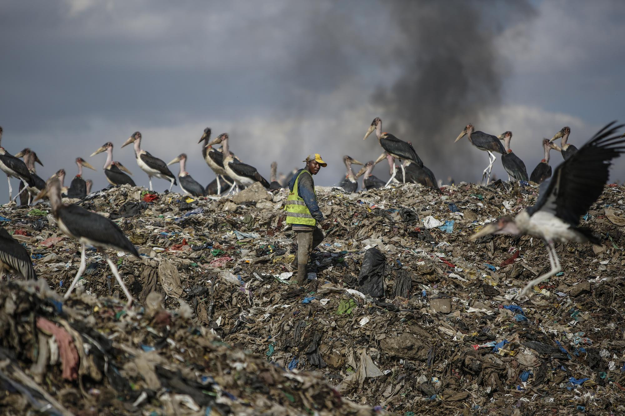 Một người đàn ông nhặt rác có thể tái chế để kiếm sống tại bãi rác lớn nhất ở thủ đô Nairobi, Kenya, ngày 7/9/2021. 