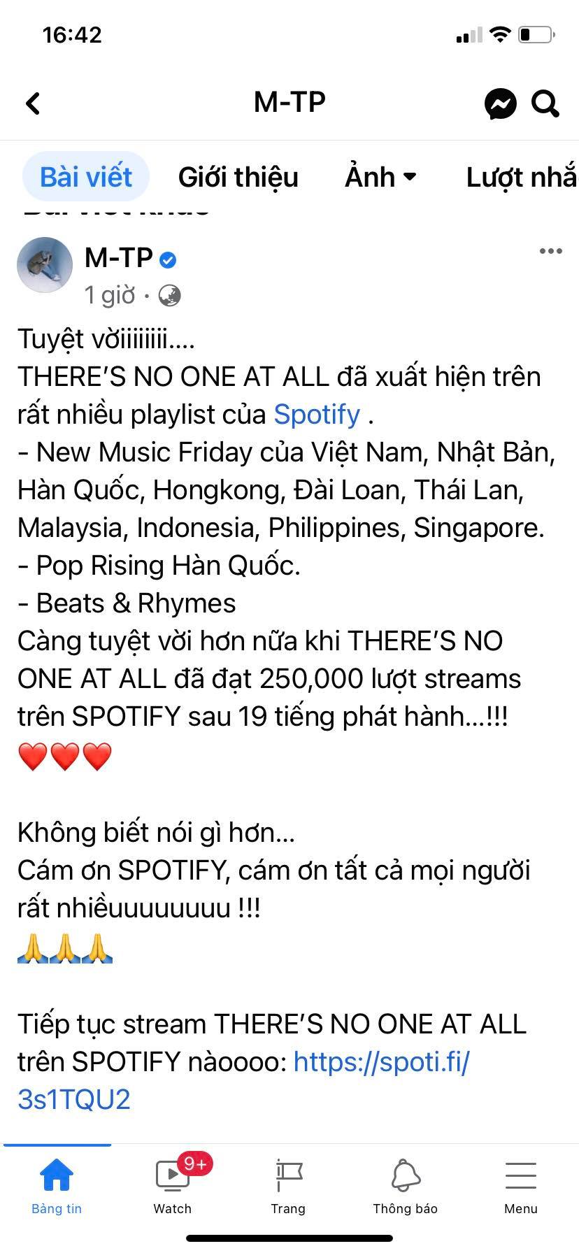 Trên fanpage 14 triệu lượt thích, Sơn Tùng M-TP vui mừng, nói “tuyệt vời” vì ca khúc của anh được phát hành nền tảng Spotify tại nhiều quốc gia.