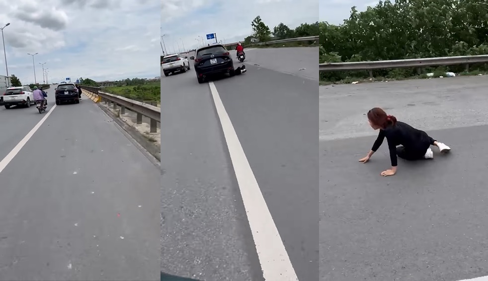 Chị vợ đu xe, lắc lư theo tốc độ di chuyển nhanh của chiếc xe cho đến lúc bị ngã lăn ra đường.