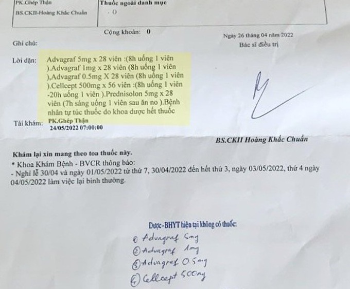 Sau khi ghép thận, bệnh nhân phải uống thuốc chống thải ghép suốt đời nên việc thiếu thuốc BHYT gây nhiều khó khăn