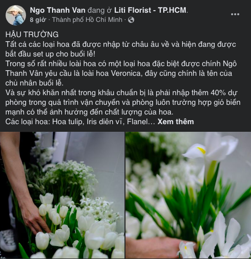 Ngô Thanh Vân đăng trạng thái kể chuyện hoa trang trí cho lễ cưới.