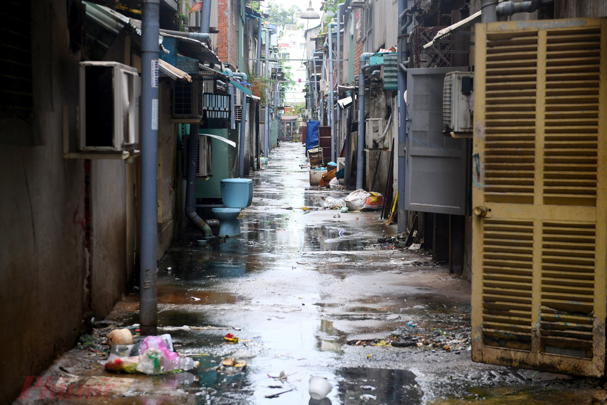 Những đường hẻm tiếp nối giữa các lô chung cư Ngô Gia Tự luôn trong trong tình trạng đọng nước, khá nhiều rác thải.