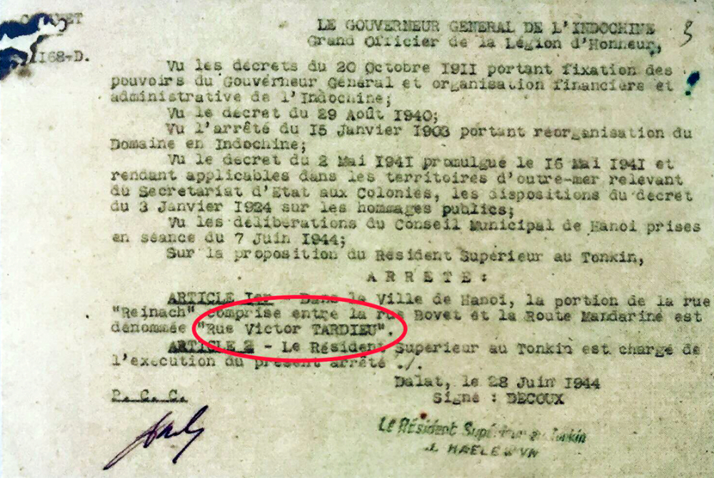 Bản sao y nghị định về việc đặt tên “Phố Victor Tardieu” cho một con phố tại Hà Nội, do Toàn quyền Đông Dương ký ngày 28/6/1944 (ảnh tư liệu)