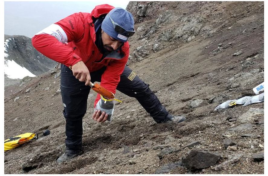 Một nhà khoa học Đại học Chile thu thập vật liệu hữu cơ ở Nam Cực.