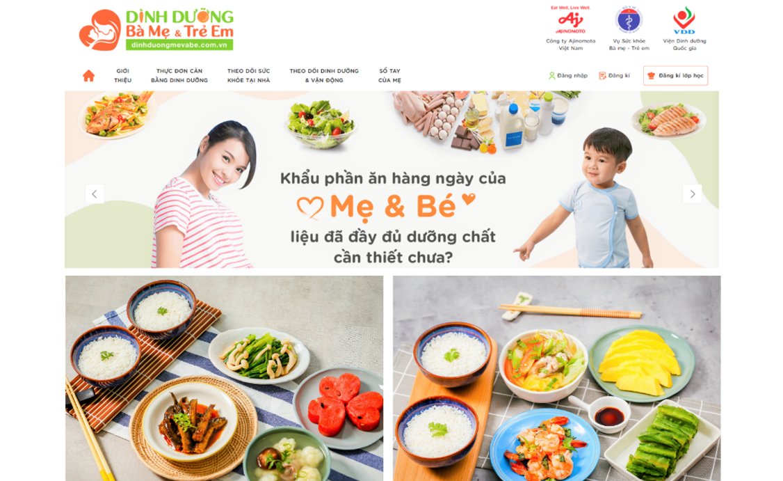 Giao diện website của chương trình Dinh dưỡng Bà mẹ và Trẻ em
