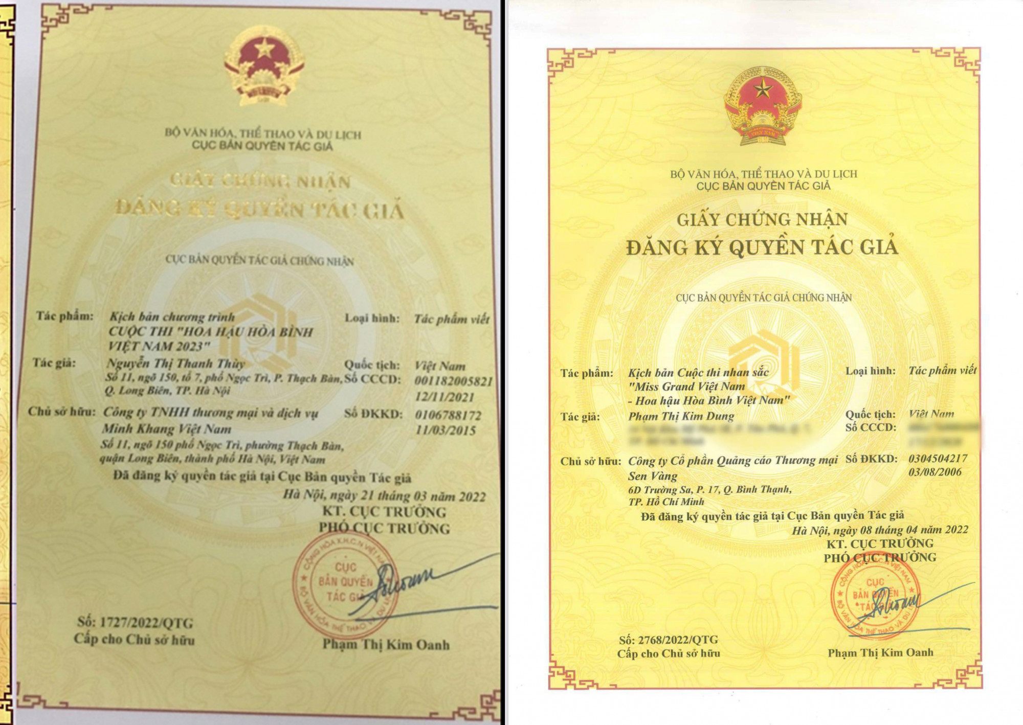 Giấy chứng nhận đăng ký quyền tác giả của công ty Minh Khang (trái) và Sen Vàng (phải)