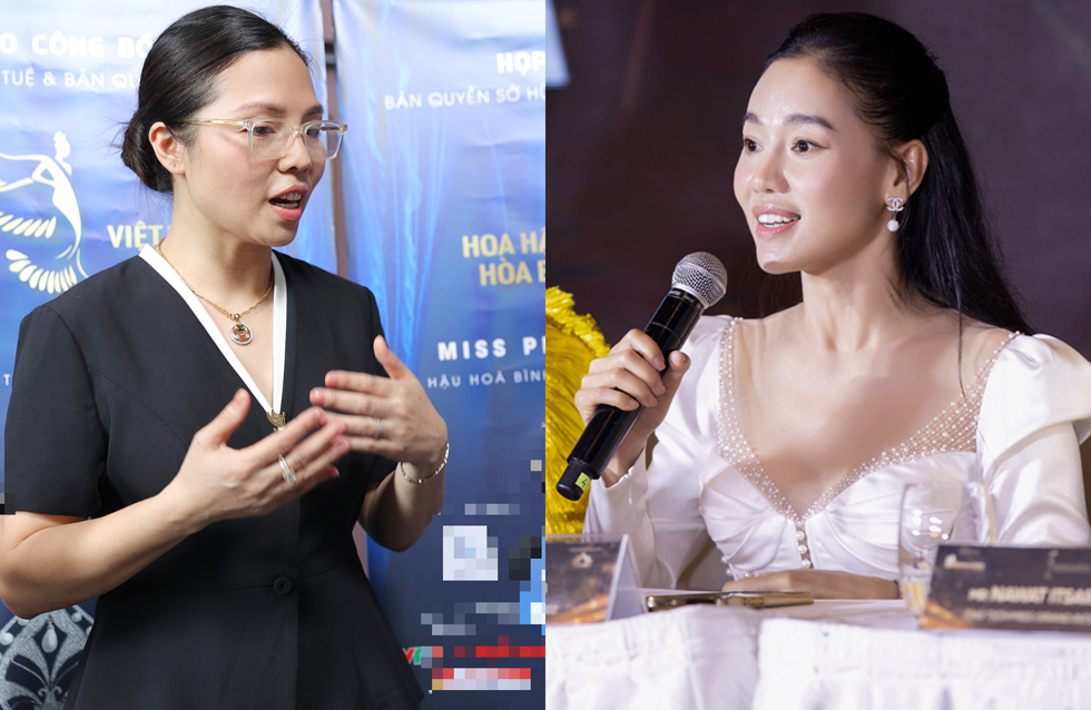 Giữa công ty Minh Khang (đại diện là bà Thuỳ Dương, trái) và công ty Sen Vàng (đại diện là bà Phạm Kim Dung, phải) đang xảy ra ồn ào xoay quanh tên gọi Hoa hậu Hoà bình Việt Nam