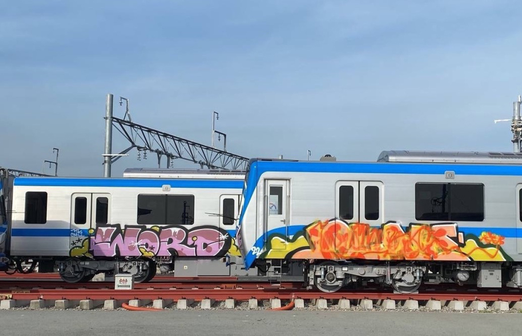 Hình ảnh 2 đoàn tàu metro bị vẽ bậy trong depot Long Bình. Ảnh: K.A
