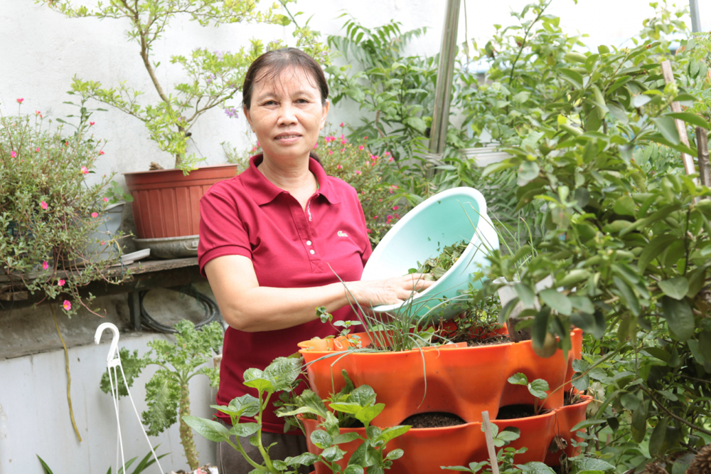 Cô Nguyễn Thị Thu Hà chăm chút tháp rau trên sân thượng
