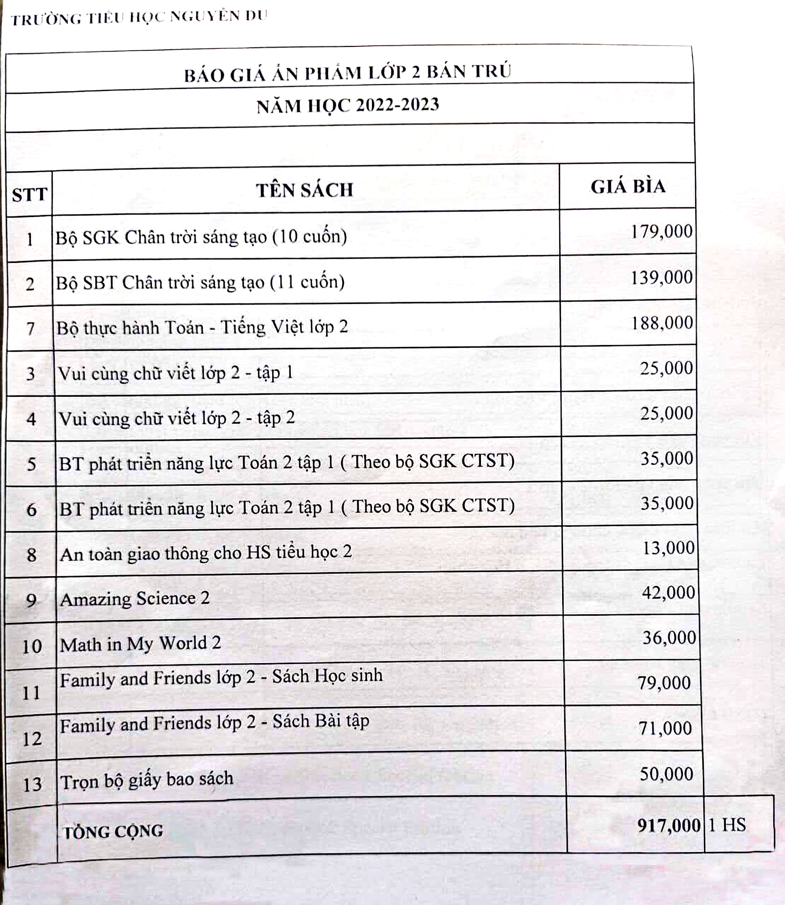 Bộ sách giáo khoa và tài liệu tham khảo lớp Hai năm học 2022 - 2023  của Trường tiểu học Nguyễn Du (Q.12) có giá 917.000 đồng