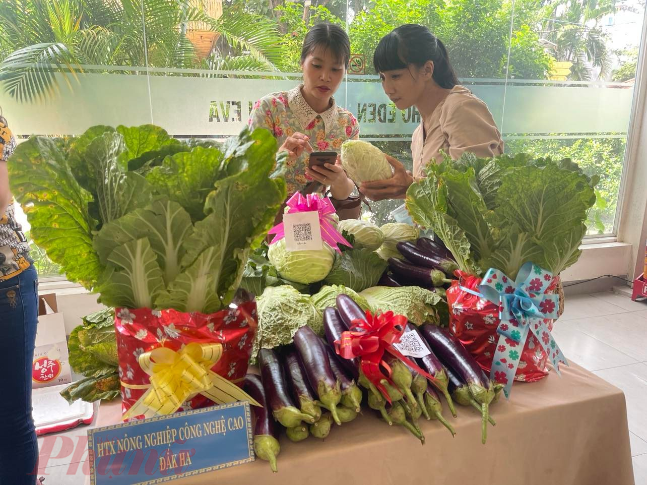 Thành viên HTX Nông nghiệp Công nghệ cao xã Đăk Hà, tỉnh Đăk Nông giới thiệu sản phẩm rau, củ đạt chất lượng.