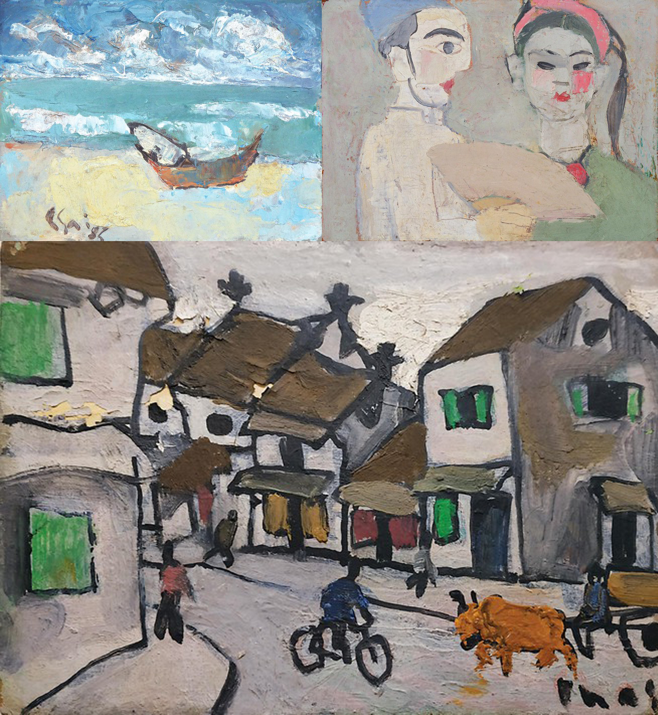 Tháng 6/2021, nhà đấu giá Larasati (Singapore) giới thiệu 3 tác phẩm: Biển (sơn dầu trên carton, phía trên bên trái), Hai diễn viên chèo cầm quạt (sơn dầu trên bìa cứng, phía trên bên phải) và hố với người đi xe đạp và xe bò - ảnh