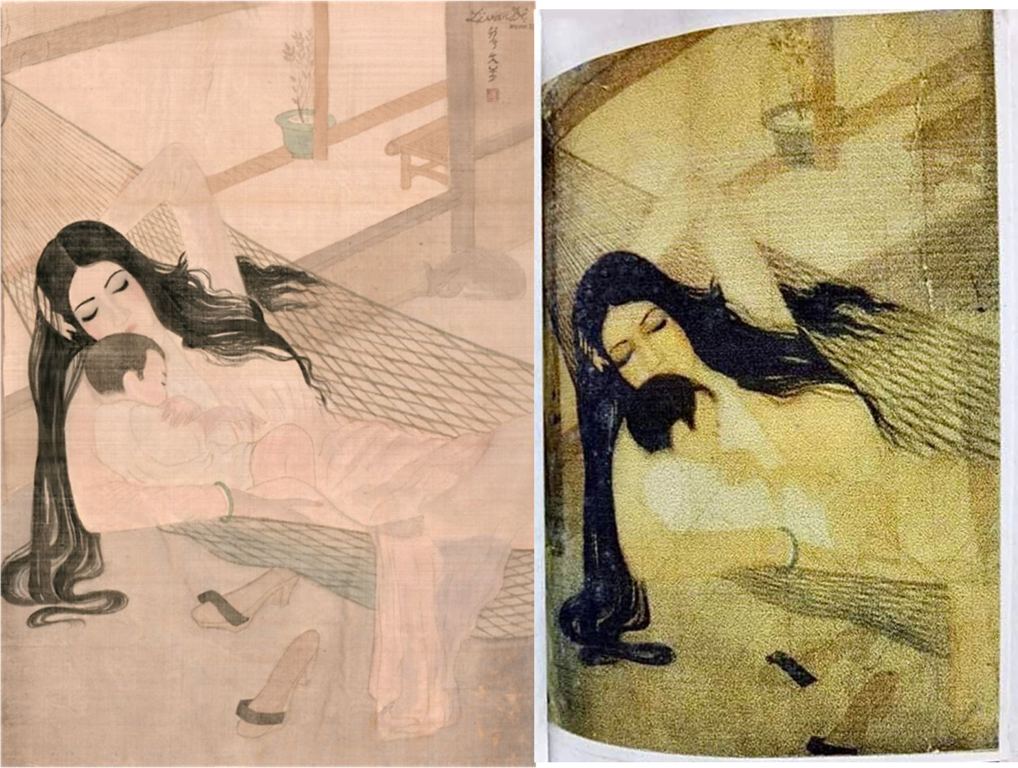 Nhà nghiên cứu mỹ thuật Ngô Kim Khôi cho biết bức Mẹ con (ảnh trái) có khả năng lớn sao chép từ tranh Nắng hè (ảnh phải) của danh hoạ Lê Văn Đệ