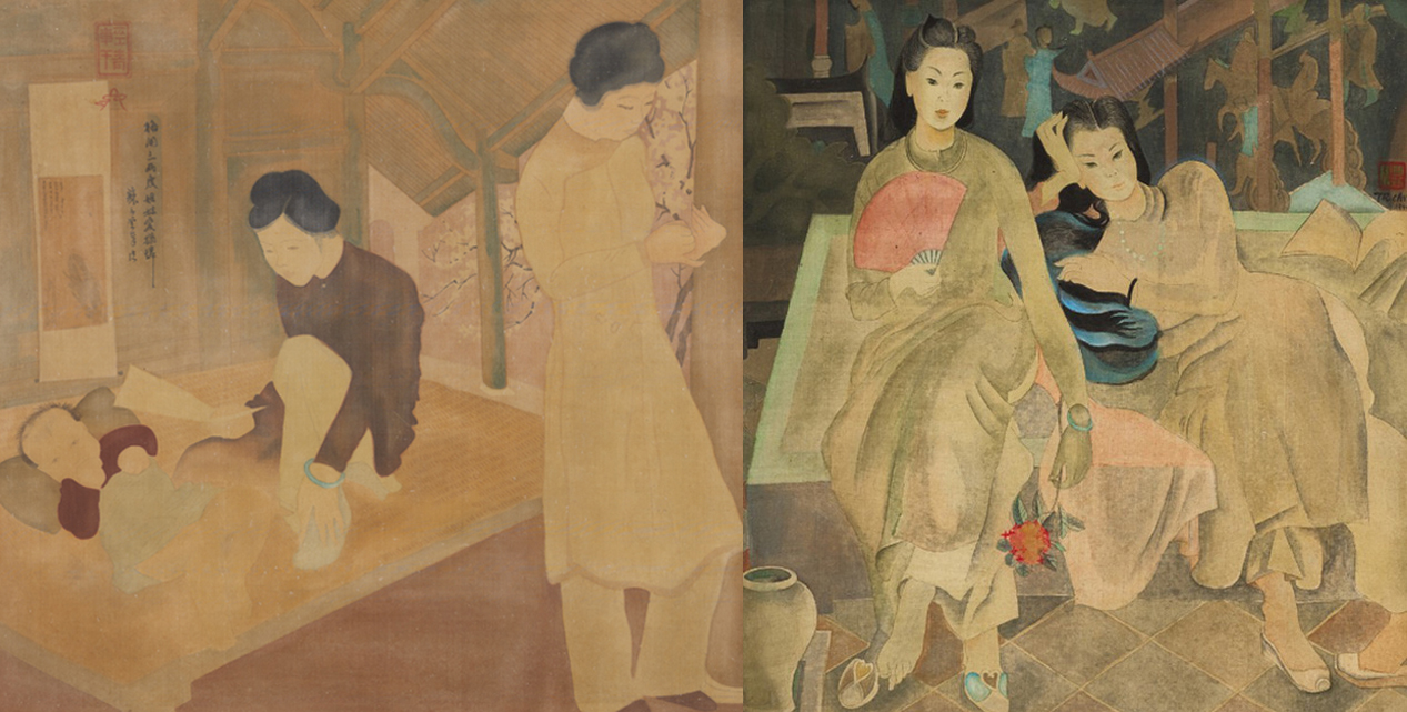 Sotheby's từng đưa ra đấu giá hai bức: Lá thư (trái) của hoạ sĩ Tô Ngọc Vân và Hai cô gái (phải) của hoạ sĩ 