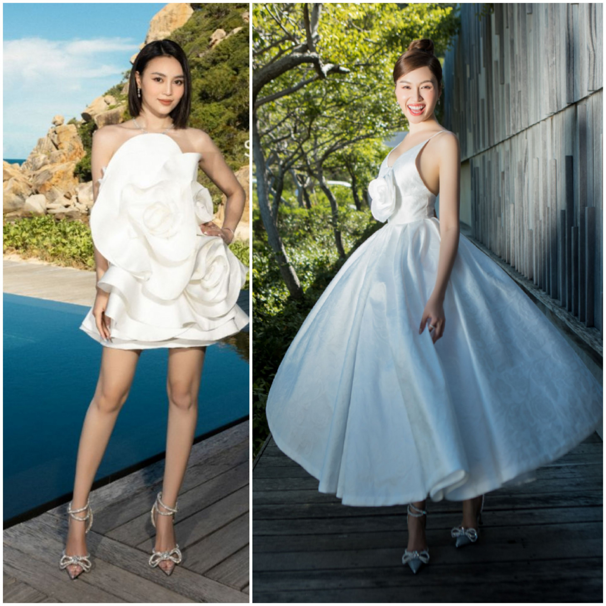 Trong show thời trang gần đây, không hẹn mà gặp Lan Ngọc và MC Thanh Thanh Huyền vô tình chọn chung kiểu giày công chúa thắt nơ xinh đẹp, phối cùng thiết kế trắng đơn sắc, nữ tính.