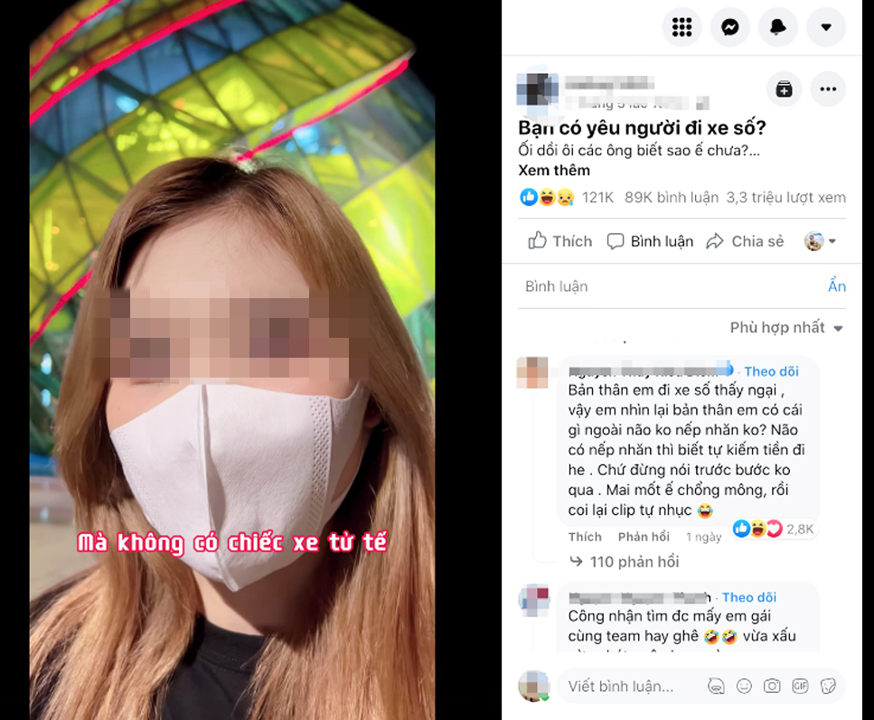 Chị N. bị gán ghép vào một đoạn clip với nội dung miệt thị người đi xe số và chạy xe ôm, khiến chị bị chửi bới, đả kích trên mạng xã hội