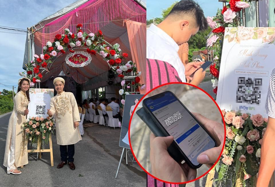 Đám cưới cỉa chú rể Minh Quang gây xôn xao vì in hẳn mã QR code để khách chuyển tiền mừng, đặt ở cổng chính