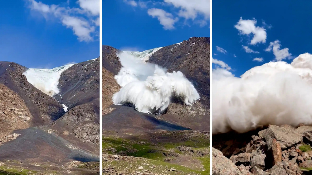 Năm ngày sau vụ sông băng đổ sụp ở Ý, vào ngày 8/7, một du khách người Anh đã chụp ảnh trận tuyết lở gây ra bởi một vụ sập sông băng khác quét xuống một ngọn núi trong dãy Tian Shan ở Kyrgyzstan