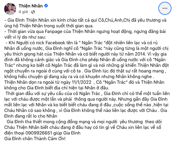 Gia đình đăng thông tin tìm tung tích của Thiện Nhân vào tối 15/7