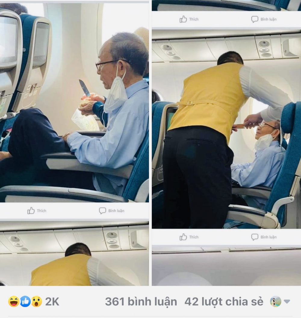 Nhiều diễn đàn, mạng xã hội chia sẻ hình ảnh một hành khách ngang nhiên gọt trái cây trên chuyến bay của Vietnam Airlines. Ảnh: Chụp màn hình