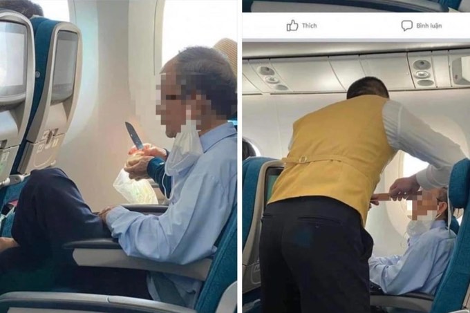Nhiều diễn đàn, mạng xã hội chia sẻ hình ảnh một hành khách ngang nhiên gọt trái cây trên chuyến bay của Vietnam Airlines (Ảnh chụp màn hình)