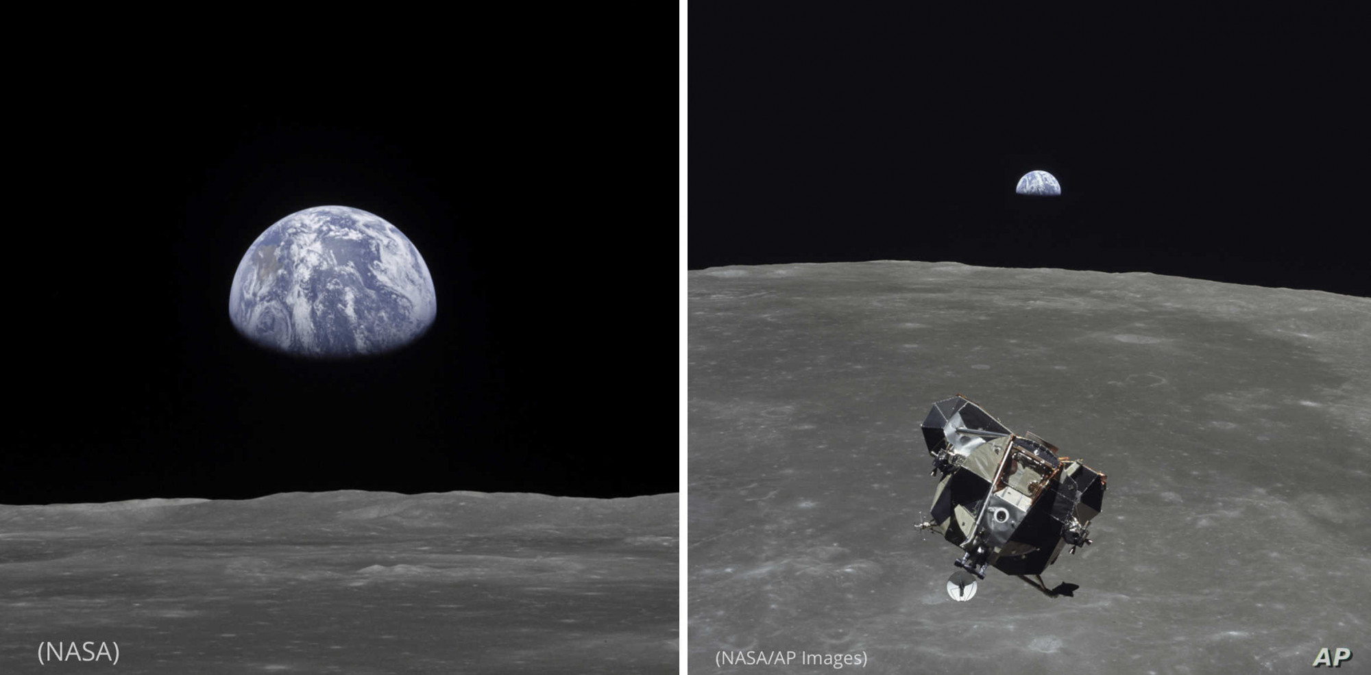 Hình ảnh trái đất xuất hiện trên đường chân trời của mặt trăng được các phi hành gia chụp từ tàu vũ trụ (phải) - Ảnh: NASA