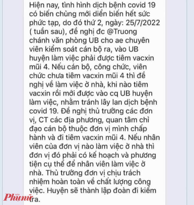 Nội dung tin nhắn của lãnh đạo huyện Phú Lộc gửi cán bộ công chức được chụp lại. 